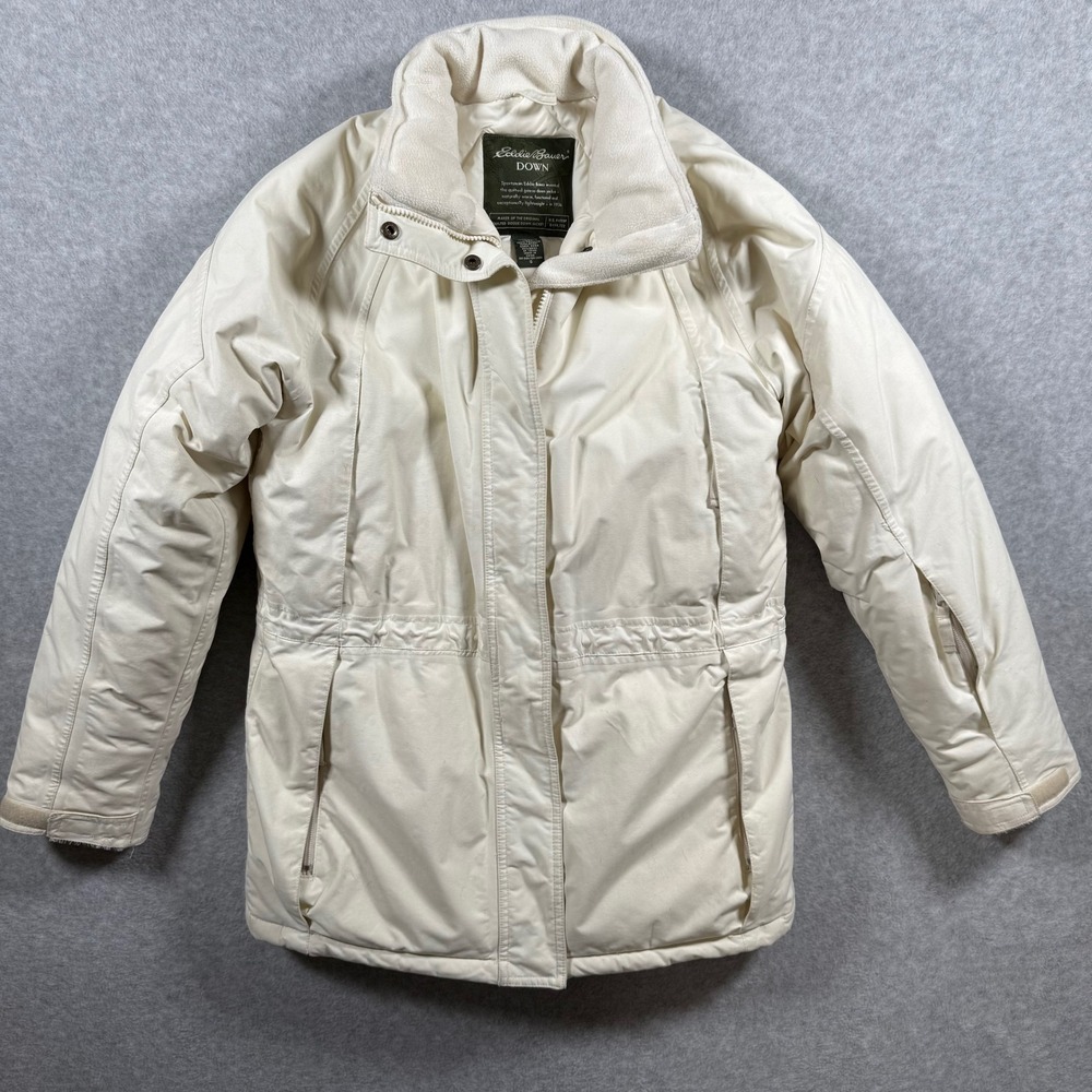 Eddie Bauer Women Goose Down Parka Jacket Cream Off White Fleece Collar Small